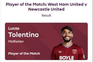 打进世界波，官方：帕奎塔当选西汉姆联vs纽卡全场最佳球员